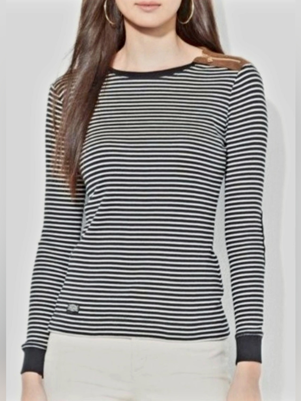 Lauren Ralph Lauren Black/White Striped 100% Cotton  Top Logo Elbow Patch Medium